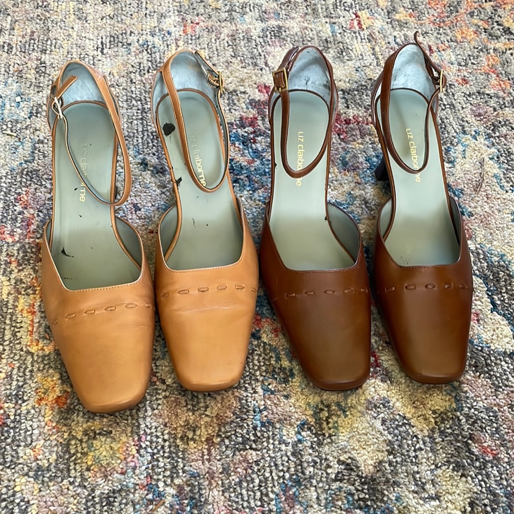 Two pair of Liz Clayborne Ankle Strapped Dress Shoes in Tan and brown